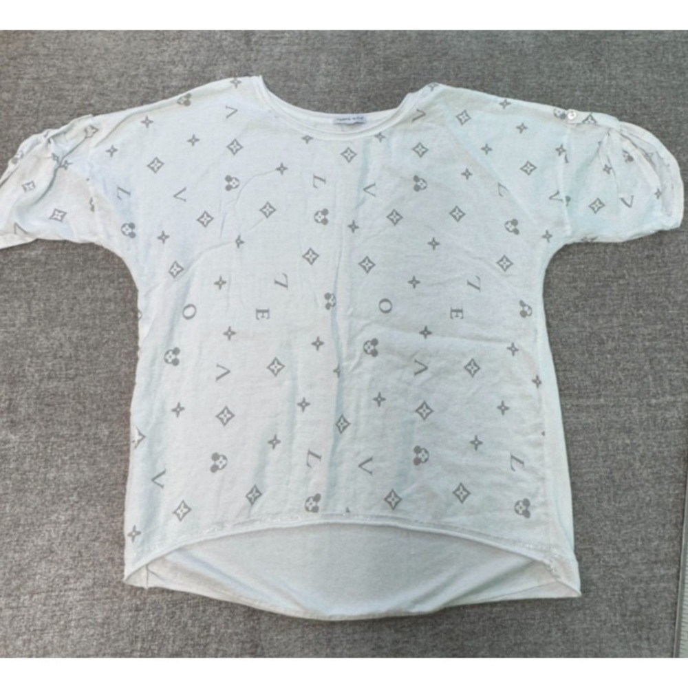 Tempo Paris Italy White Monogram Sheer‎ Cotton Top Short Sleeve Boho S M